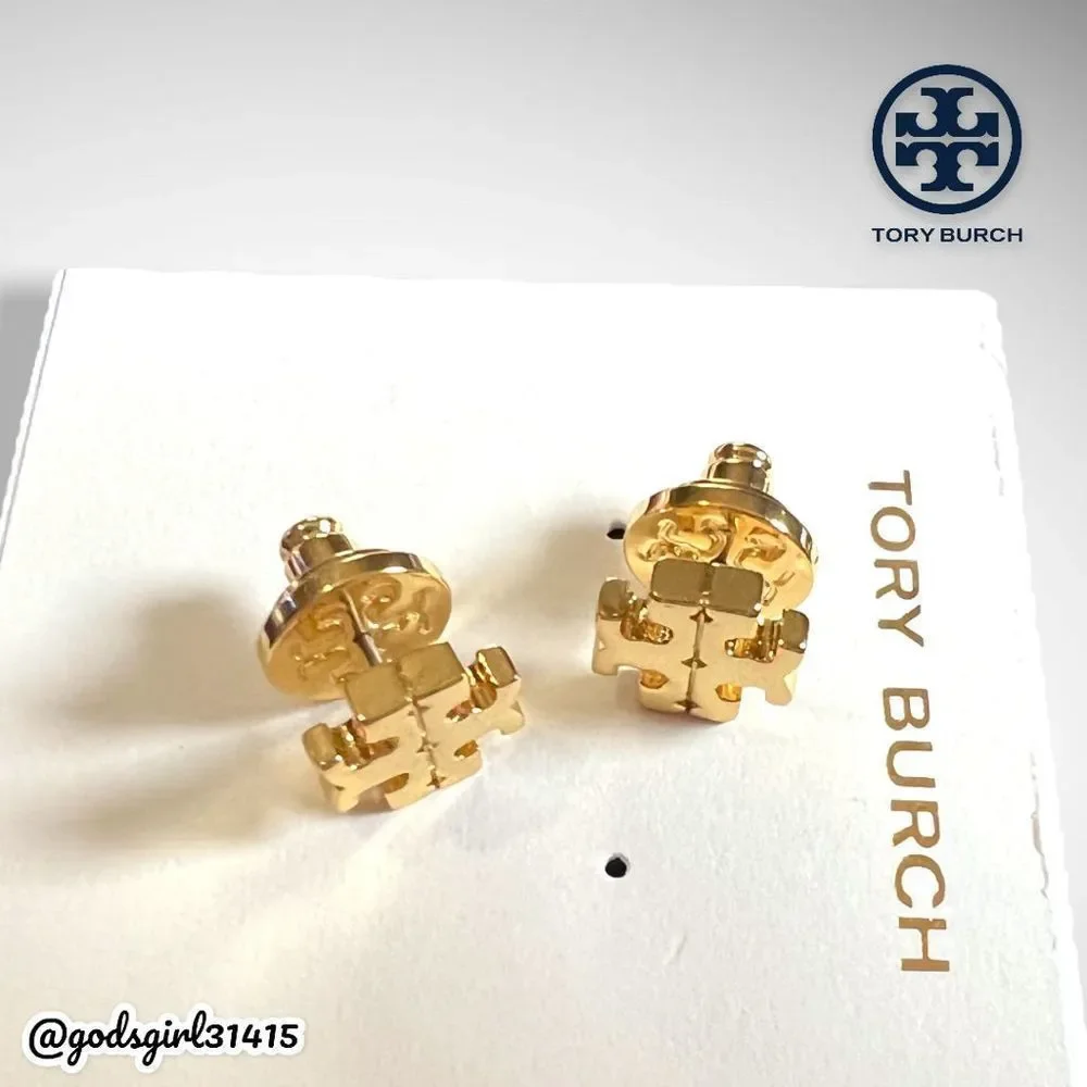 Tory Burch 18K Gold Plated Kira Logo Stud Earrings & Dust Bag $78 - Picture 9 of 11